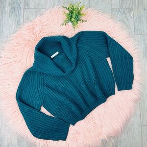 Moon & Madison Teal Pine Green Chunky Knit Crop Long Sleeve Cowl Neck Sweater